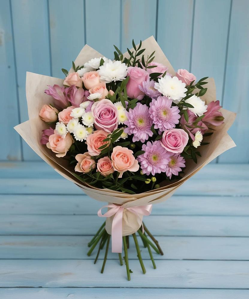 Букет цветов из: Хризантемы, Розы и Альстромерии в Каменнобродской