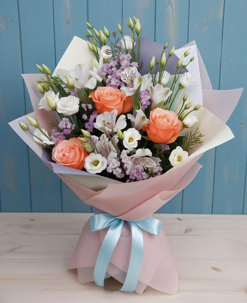 Букет цветов из: Лизиантусы, Розы, Альстромерии и Гипсофила в Каменнобродской