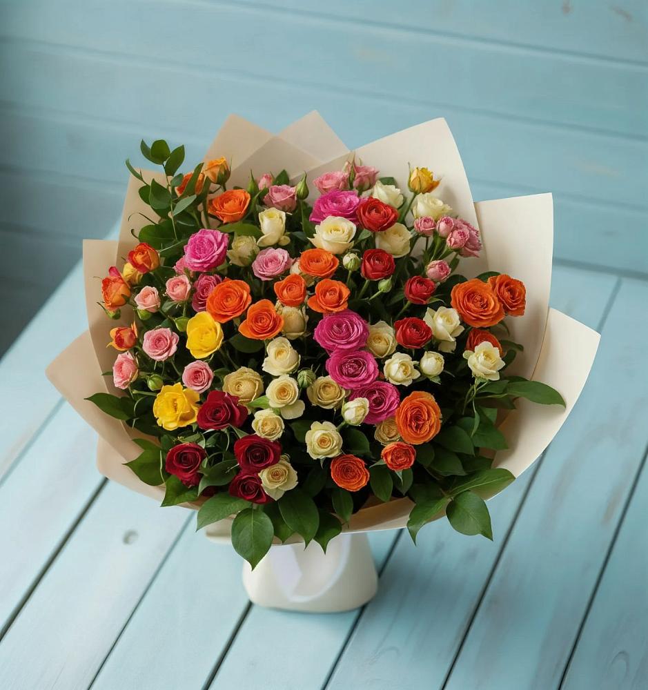 Букет Микс из разноцветных кустовых роз в Каменнобродской