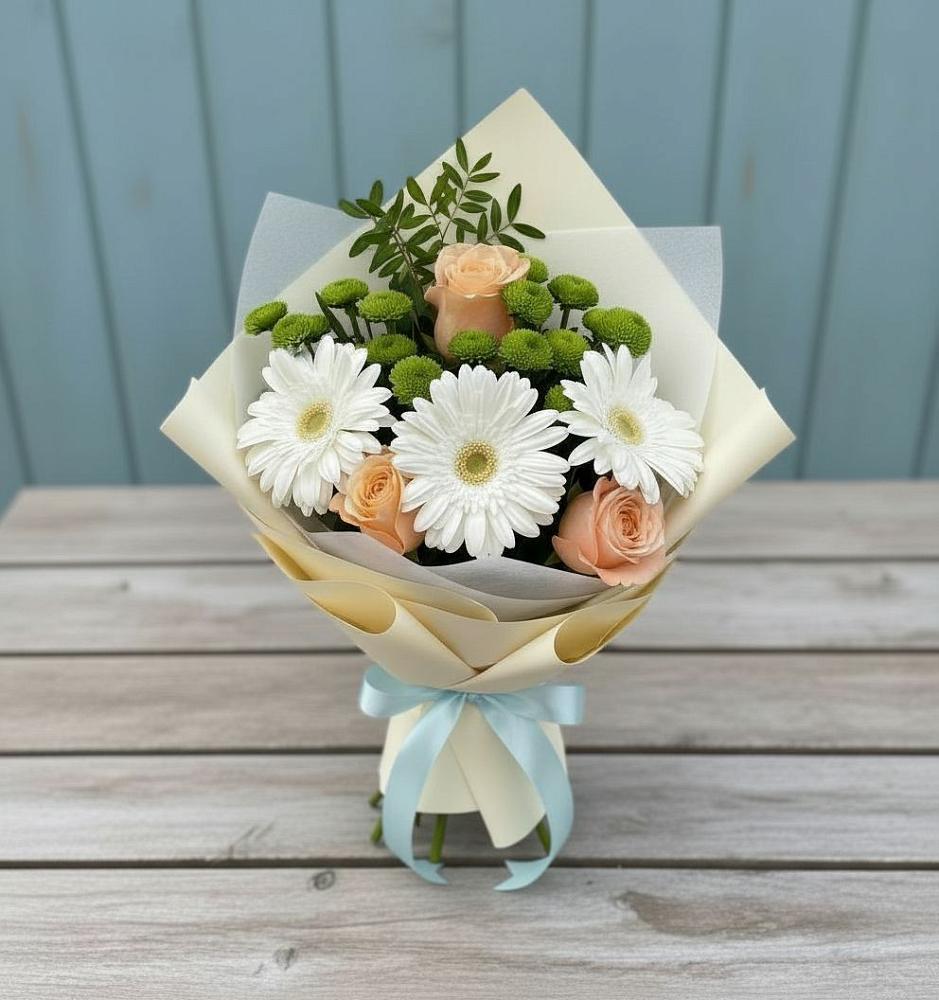 Букет цветов из: Герберы, Розы и Хризантемы в Каменнобродской