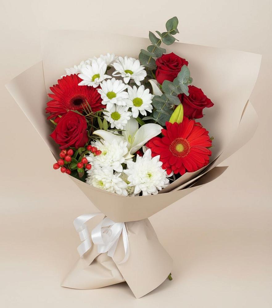 Букет цветов из: Розы, Хризантемы, Герберы и Лилии в Каменнобродской