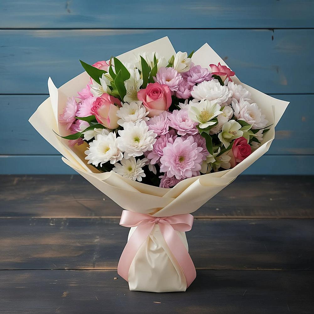 Букет цветов из: Хризантемы, Альстромерии и Розы в Каменнобродской